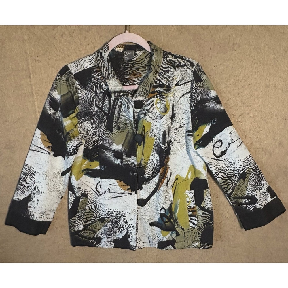 Simply Art by Dolcezza Blazer‎ Jacket Womens Sz M Black Abstract Pockets